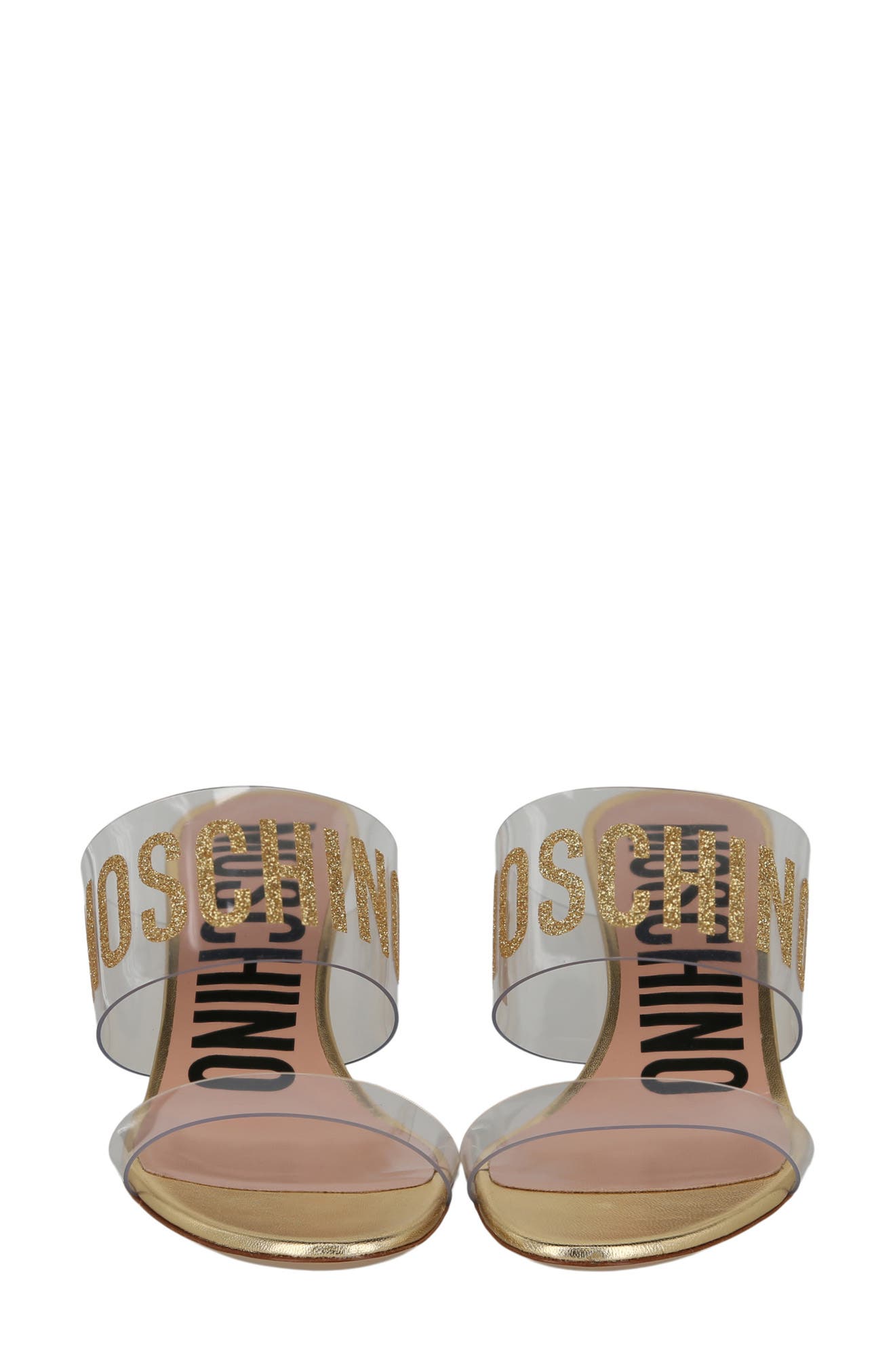 Moschino Logo Clear Strap Sandal, Alternate, color, Transparent Gold