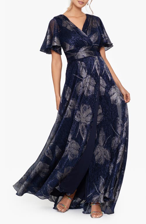 Betsy & Adam Foil Print Flutter Sleeve Gown in Navy/Gun 