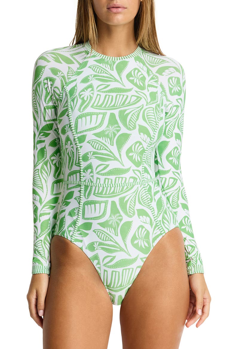 Seamed Long Sleeve UPF 50+ One-Piece Rashguard Swimsuit, Main, color, MATCHA