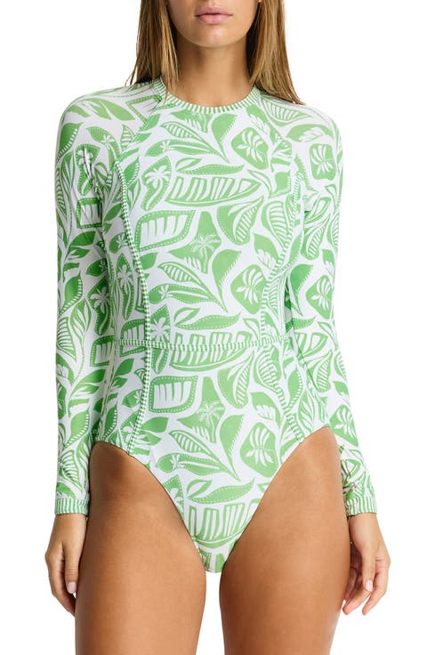 Seamed Long Sleeve UPF 50+ One-Piece Rashguard Swimsuit