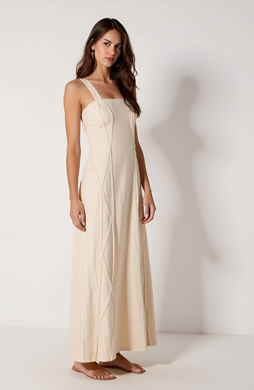 Modenaire Sleeveless Maxi Dress With Textured Trim And Flowing Silhouette In Neutral