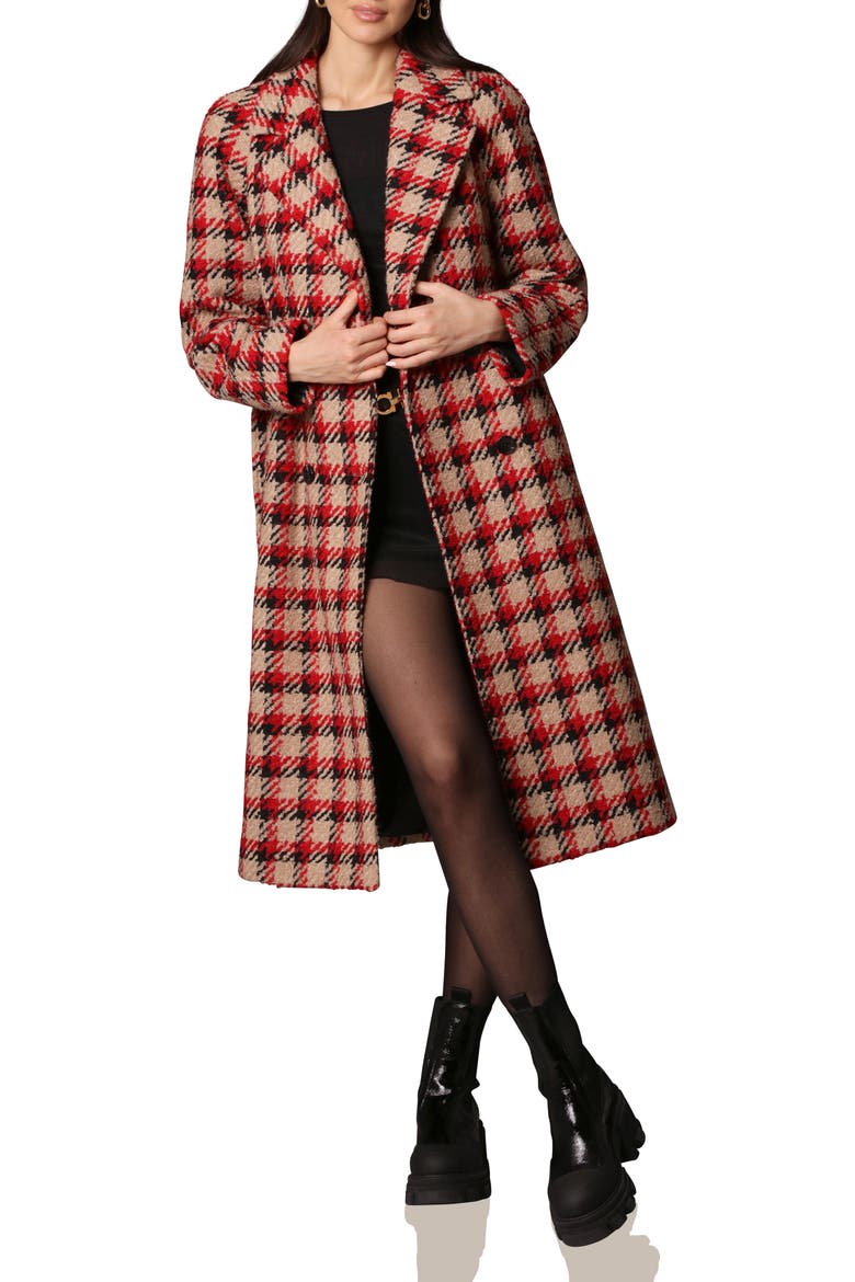 Belted Plaid Double Breasted Longline Coat, Alternate, color, CAMEL/ BLACK/ RED PLAID
