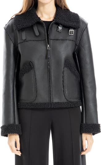 MAX STUDIO Faux Shearling Trim Faux Leather Crop Jacket | Nordstromrack