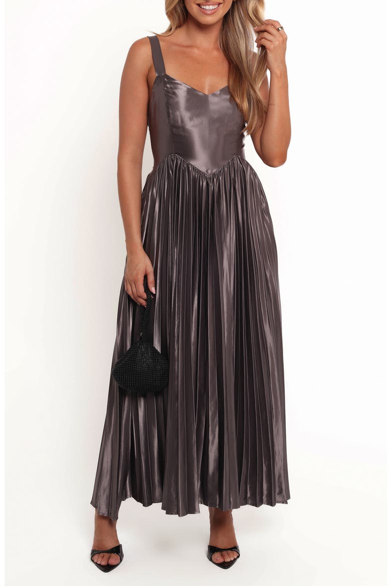 Camala Metallic Satin Pleated Maxi Dress, Main, color, GREY SILVER