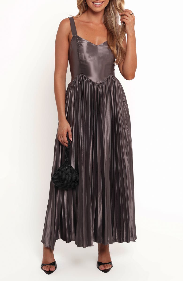 Petal & Pup Camala Metallic Satin Pleated Maxi Dress, Main, color, Grey Silver