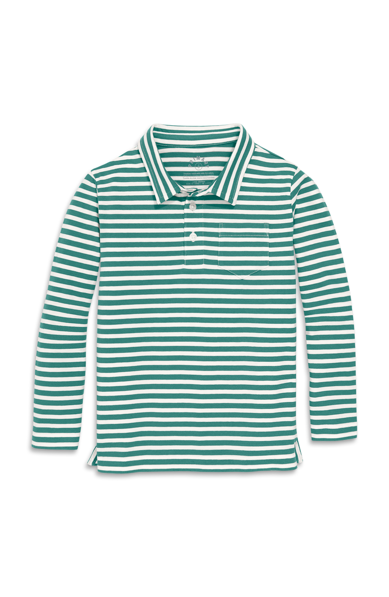 Primary Kids Long Sleeve Polo in Stripe, Main, color, Ivory/ Sunwashed Teal Stripe