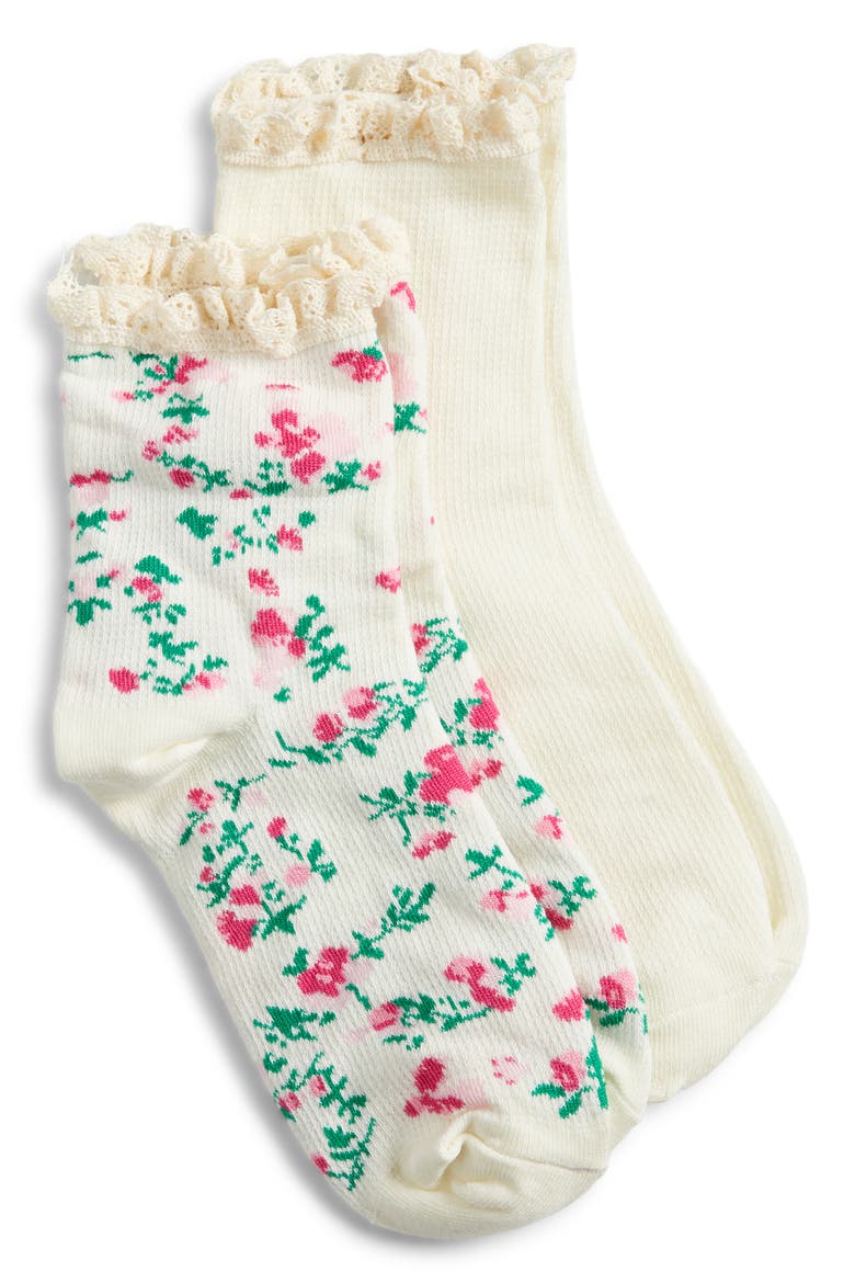 Assorted 2-Pack Lace Trim Floral Socks, Main, color, LILAC HAZE
