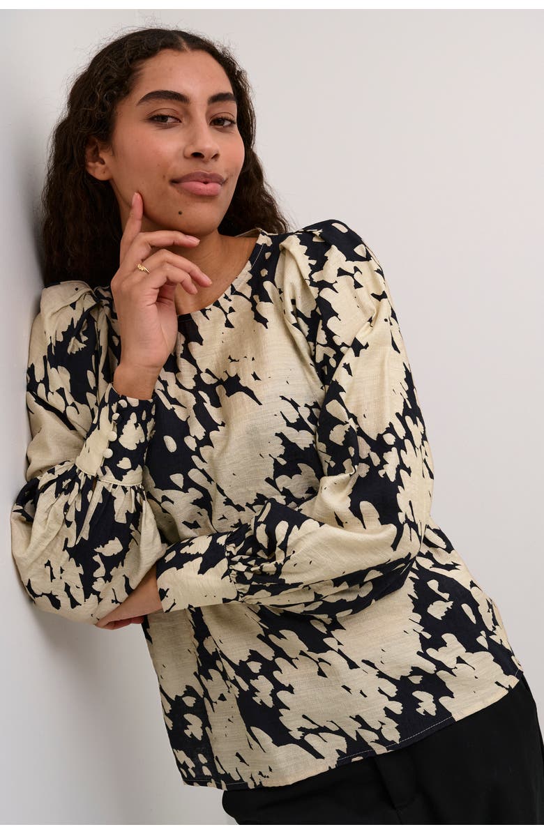 Kaffe KAlouise Long Sleeve Round Neck Blouse, Alternate, color, Black/Sand Graphic Cloud