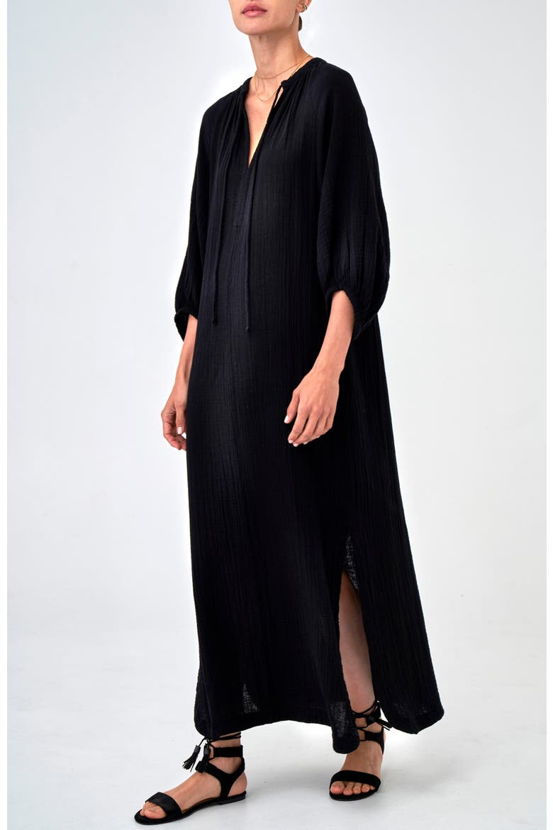 Avery Long Tie Neck Dress Gauze Caftan, Main, color, Black