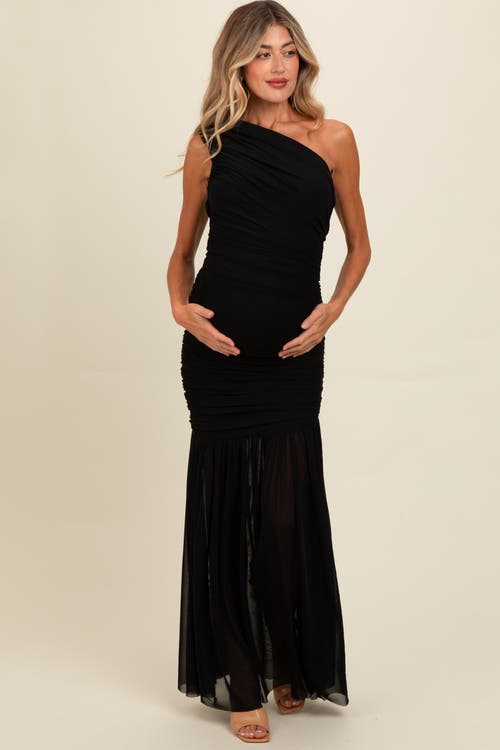 Pinkblush Ruched Mesh One Shoulder Maxi Dress In Black