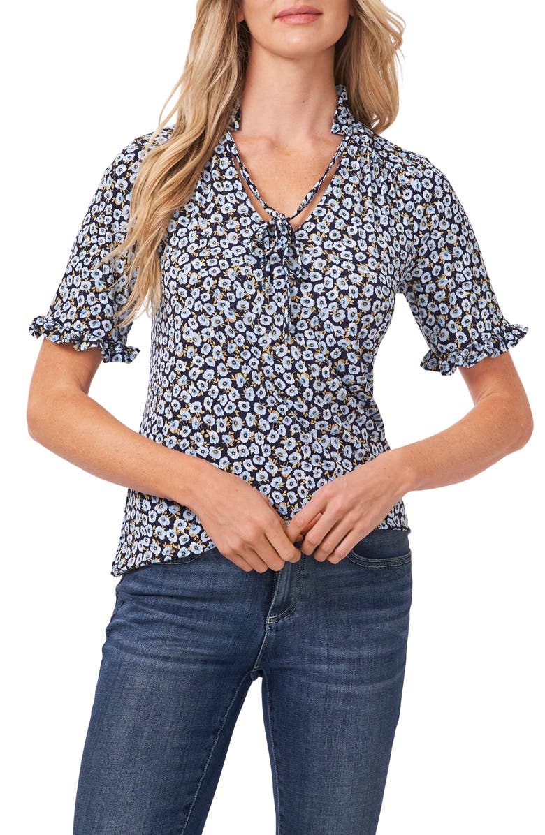 CeCe Floral Frill Sleeve Stretch Crepe Top, Main, color, 