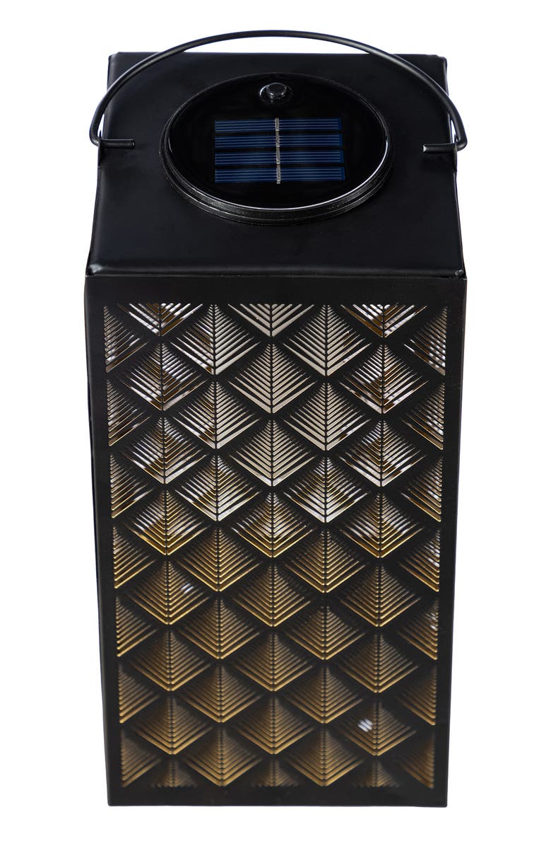 Glitzhome Square Textured Glass Pattern Solar Powered Hanging Lantern with LED Light, Alternate, color, Black