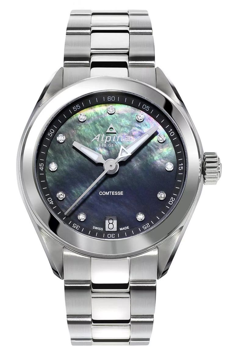 Comtesse Mother-of-Pearl Diamond Bracelet Watch, 34mm, Main, color, SILVER