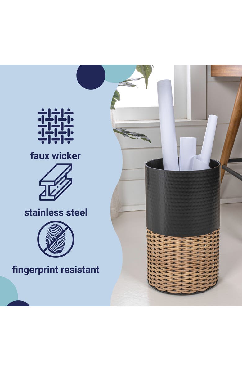 HAPPIMESS Asher Modern 2-Tone Natural Wicker/Metal Cylinder Waste Basket, Alternate, color, Black/Natural