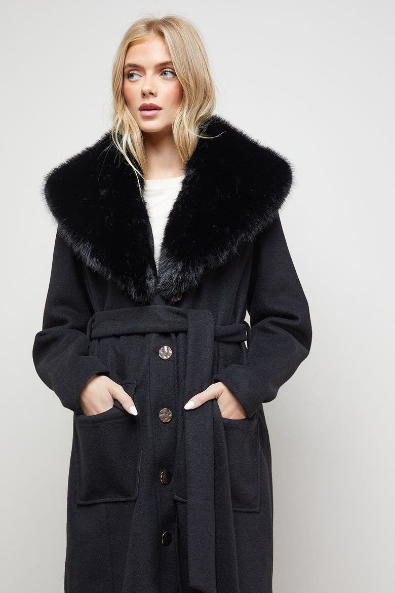 Faux Fur Collar Belted Coat, Alternate, color, Black