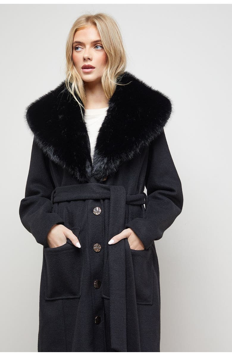 Oasis Faux Fur Collar Belted Coat, Alternate, color, Black