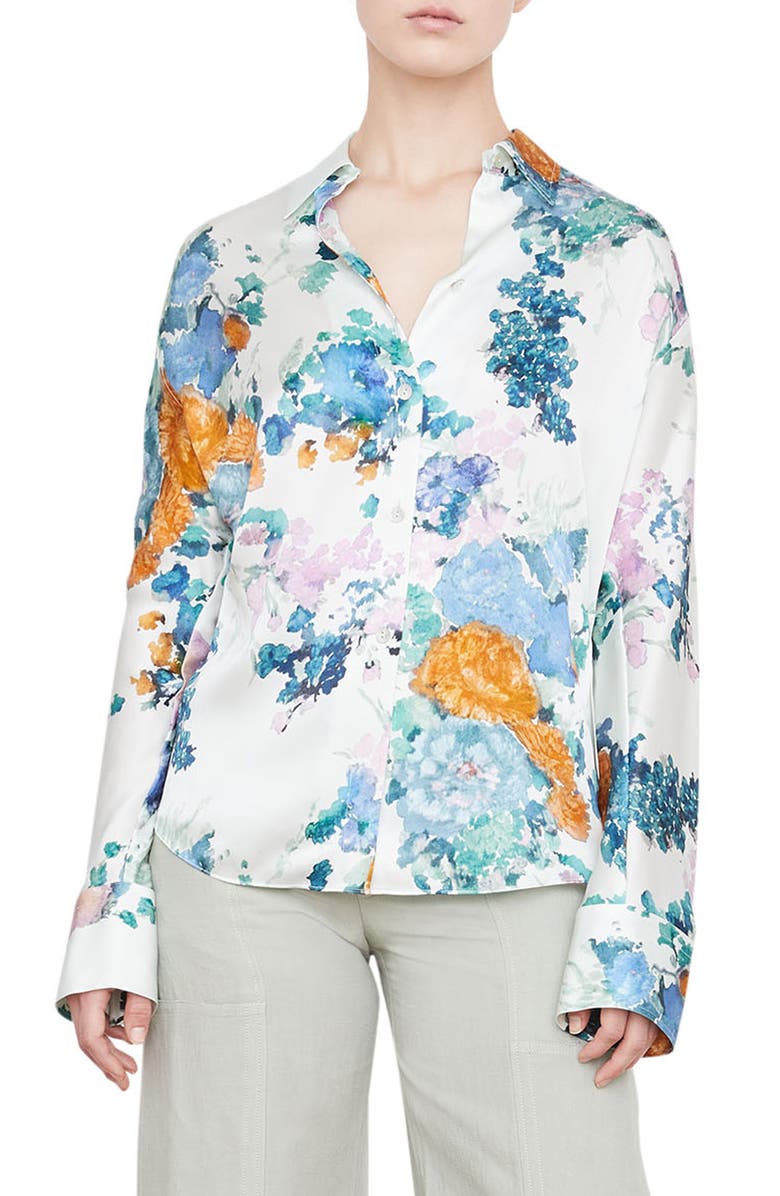 Vince Painted Bouquet Long Sleeve Silk Button-Up Shirt, Main, color, 