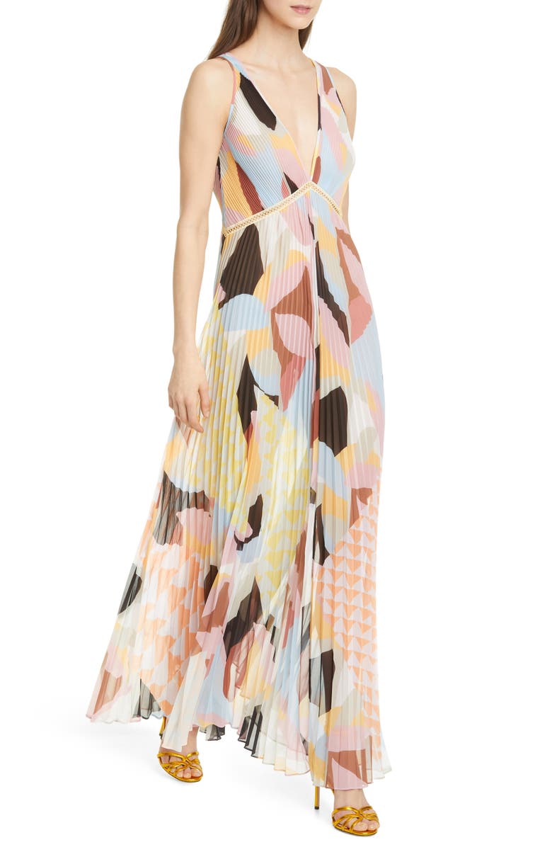 Self-Portrait Geo Print Pleated Maxi Dress, Main, color,