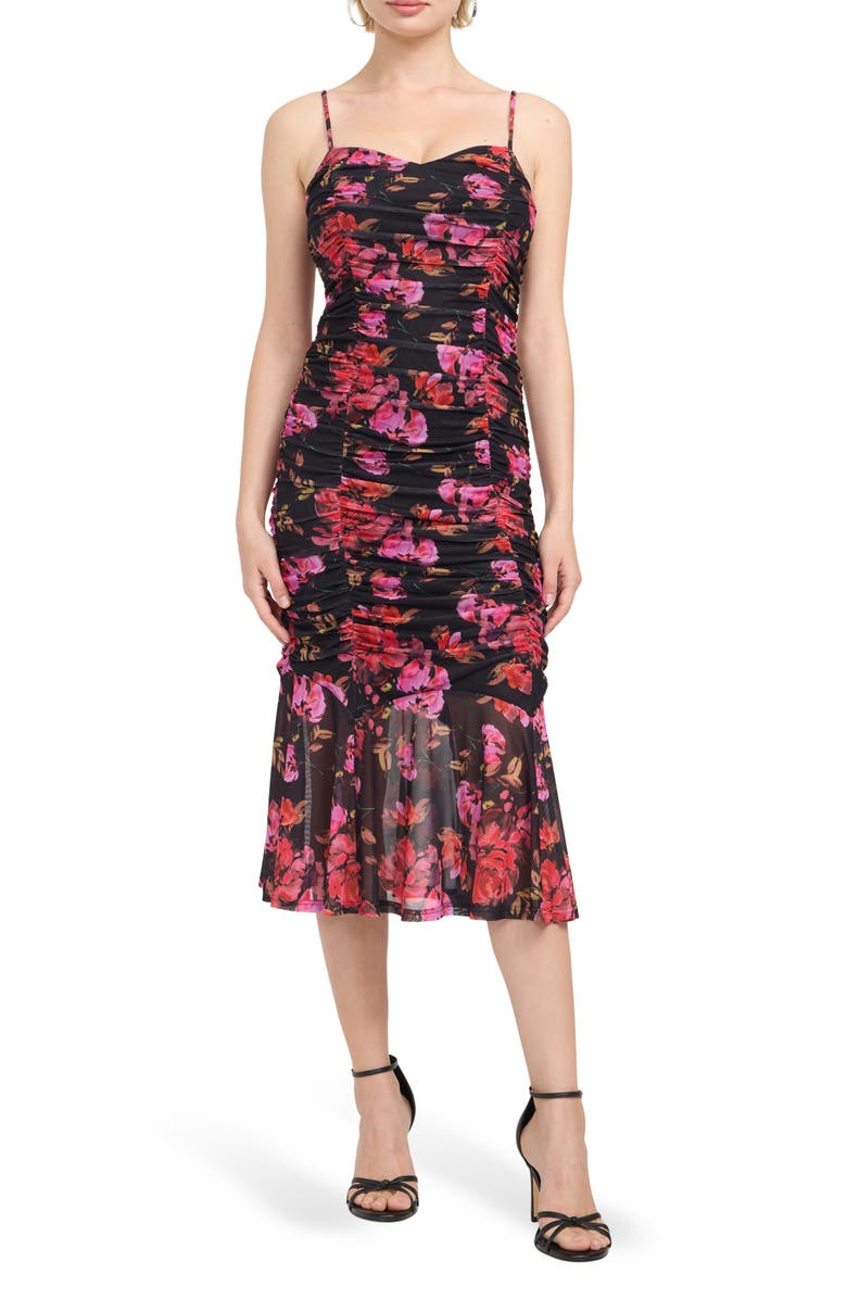 GUESS Cordelia Floral Ruched Stretch Mesh Cocktail Dress, Main, color, Dark Blooms
