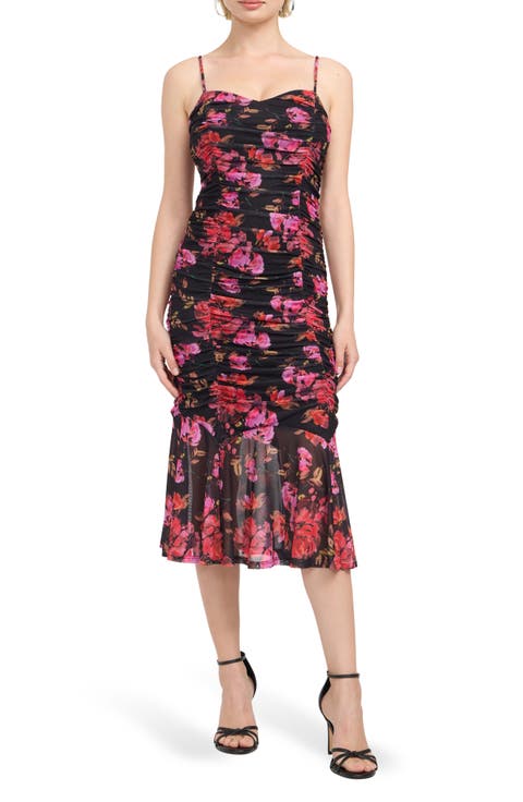 Cordelia Floral Ruched Stretch Mesh Cocktail Dress