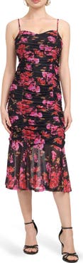 GUESS Cordelia Floral Ruched Stretch Mesh Cocktail Dress