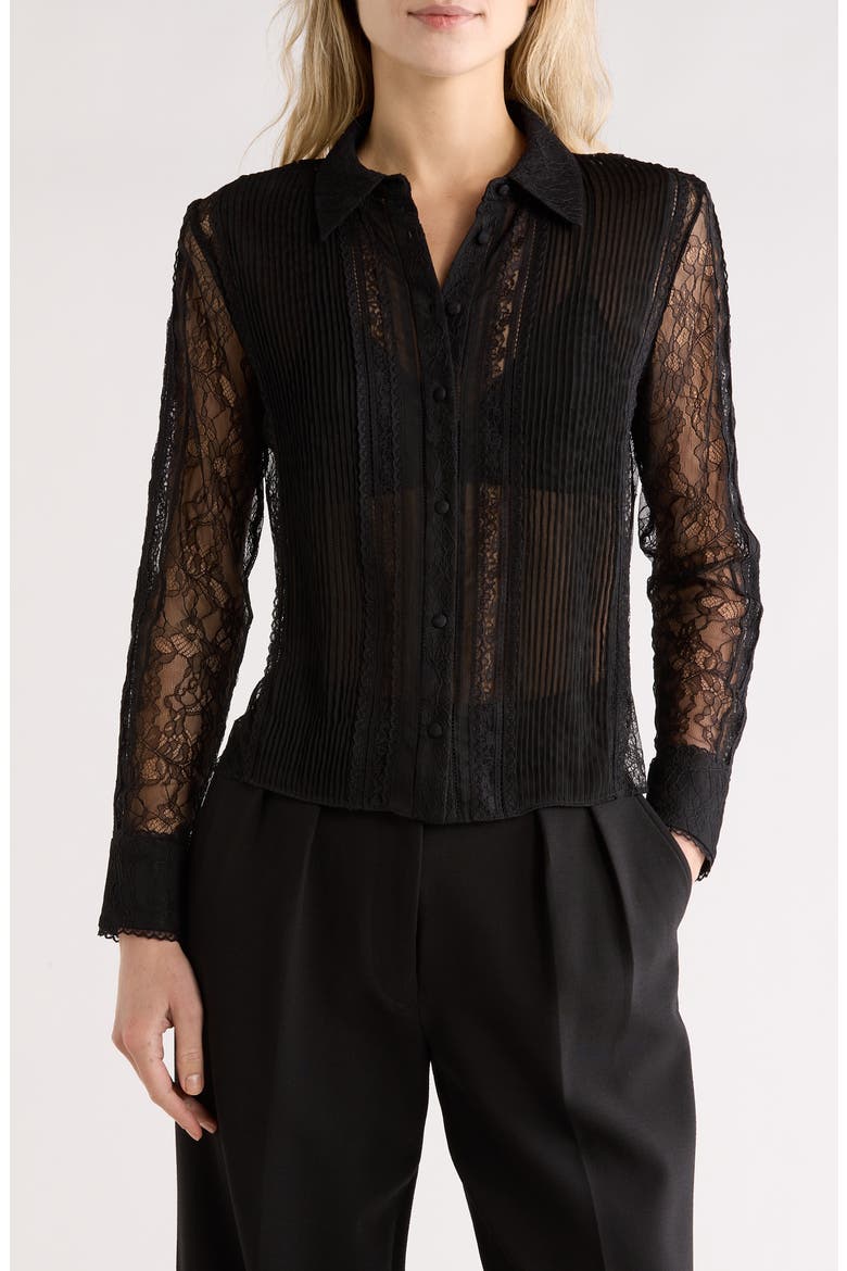 Willa Long Sleeve Mixed Media Button-Up Shirt, Main, color, BLACK