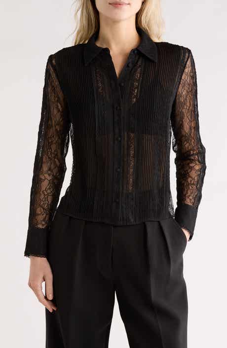 Alice + Olivia Willa Long Sleeve Mixed Media Button-Up Shirt
