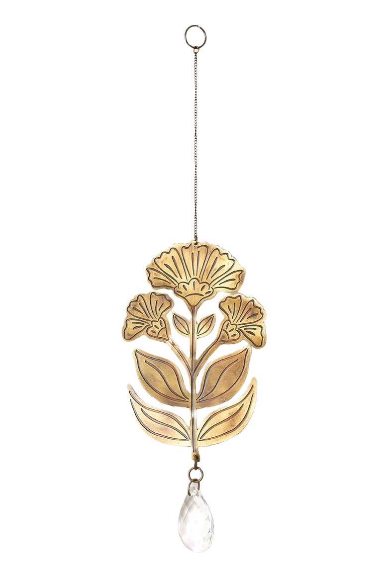 Surya Floral Engraved Brass Suncatcher, Main, color, Gold