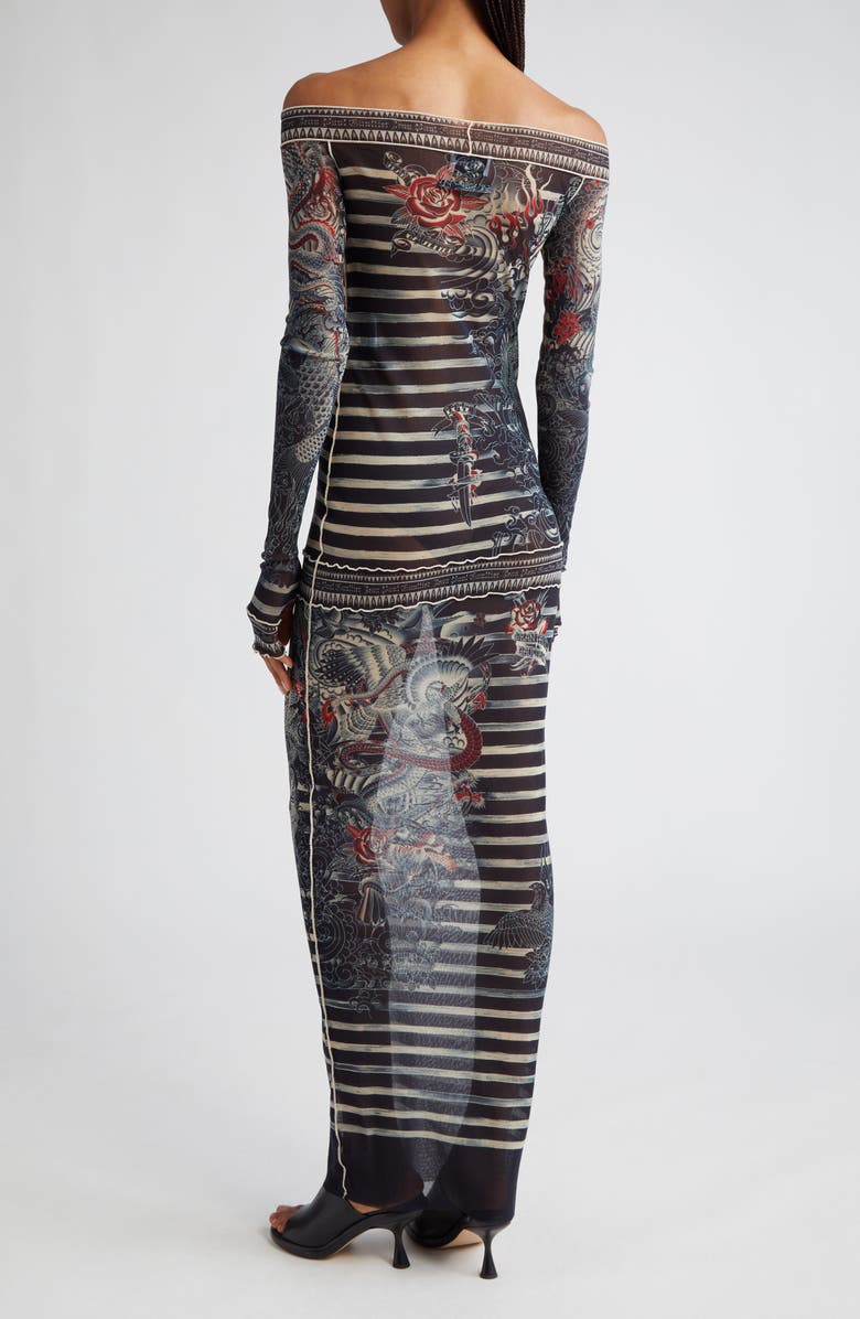 Jean Paul Gaultier Tattoo Stripe Off the Shoulder Long Sleeve Semisheer Mesh Dress, Alternate, color, 