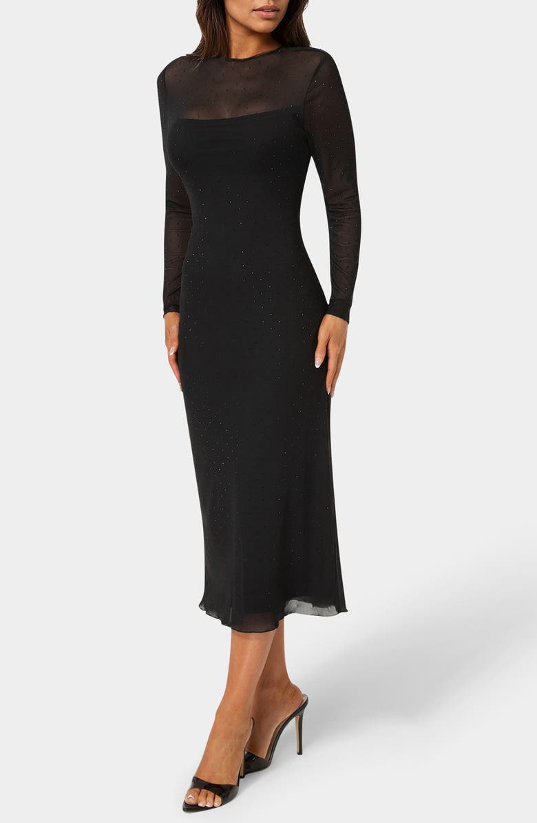 bebe Rhinestone Mesh Long Sleeve Body-Con Dress, Alternate, color, Black