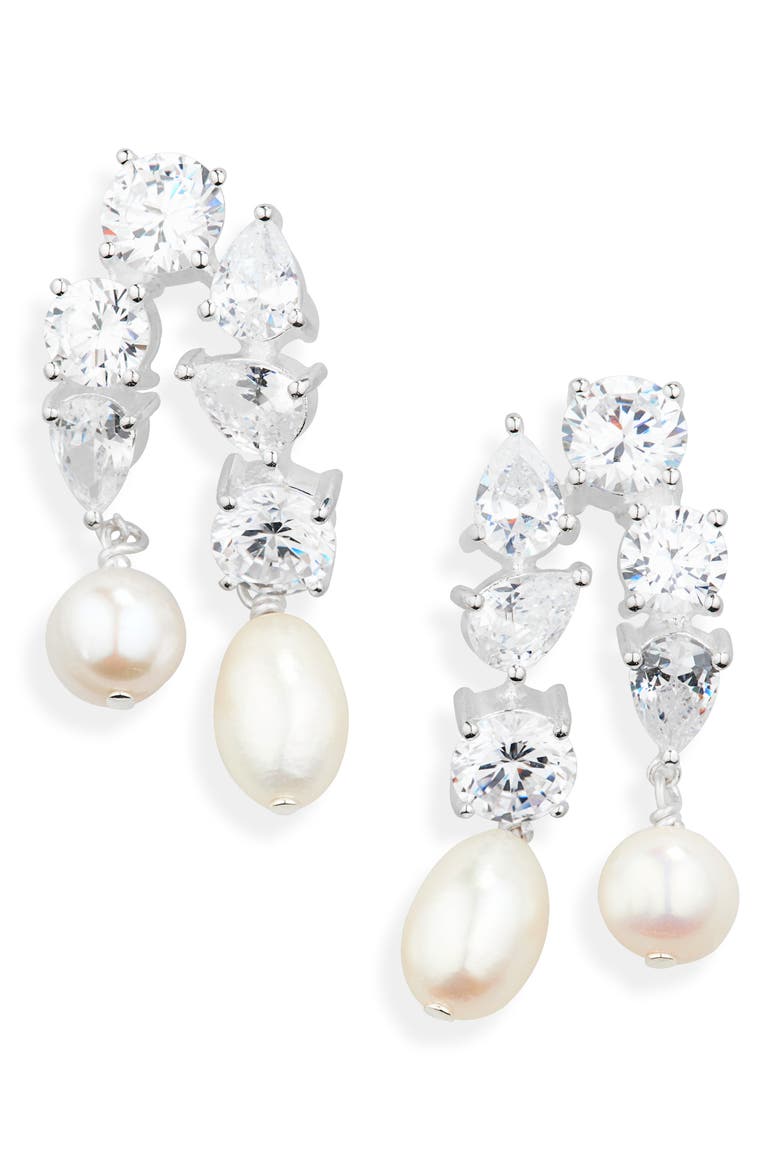 Cubic Zirconia & Freshwater Pearl Drop Earrings, Main, color, SILVER PLATED