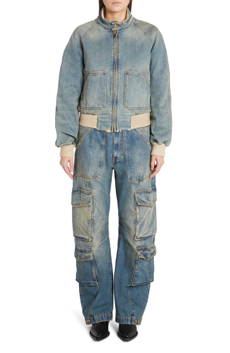 Golden Goose Dirty Wash Distressed Denim Bomber Jacket, Alternate, color, 