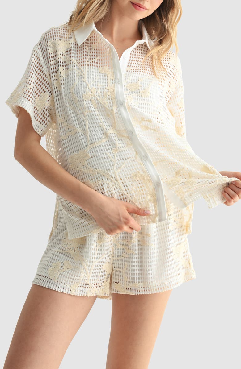 Lush Lace Trim Button-Up Shirt, Alternate, color, Cream Crochet