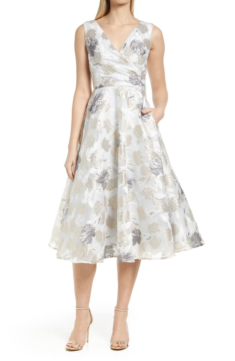 Eliza J Floral Sleeveless Faux Wrap Midi Dress, Main, color,