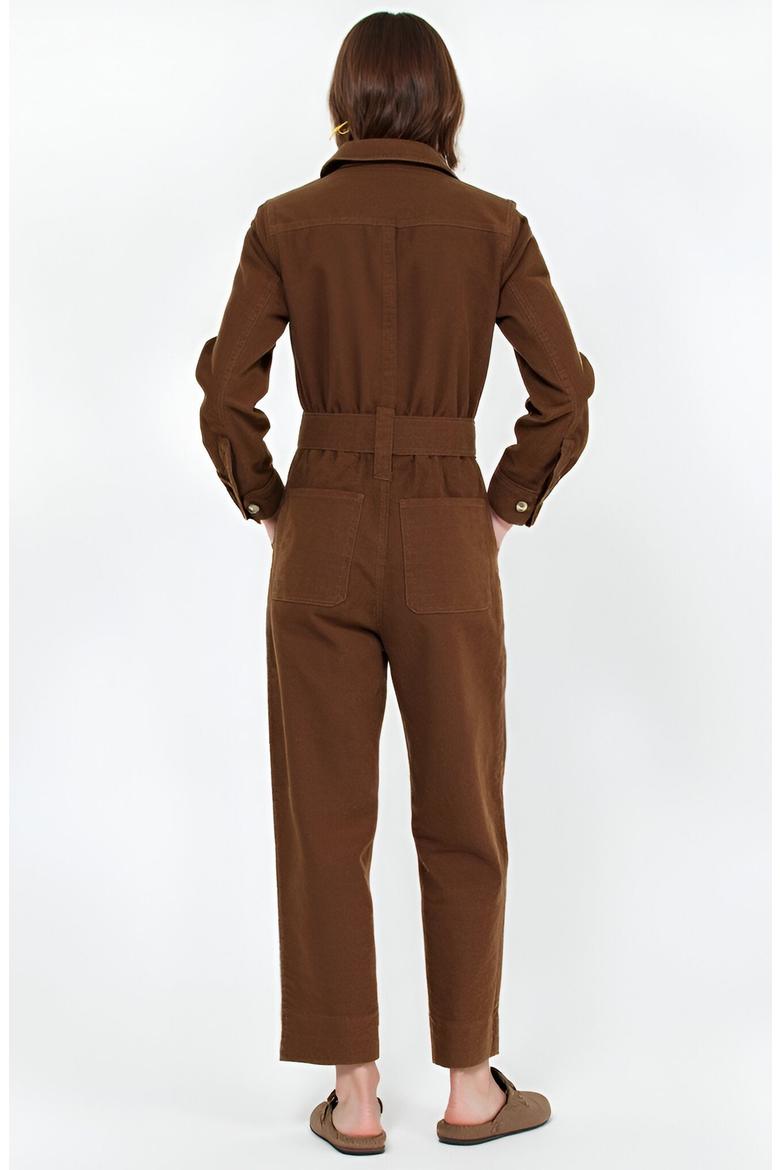 Ribbed Long-Sleeve Jumpsuit with Patch Pockets, Alternate, color, Brown