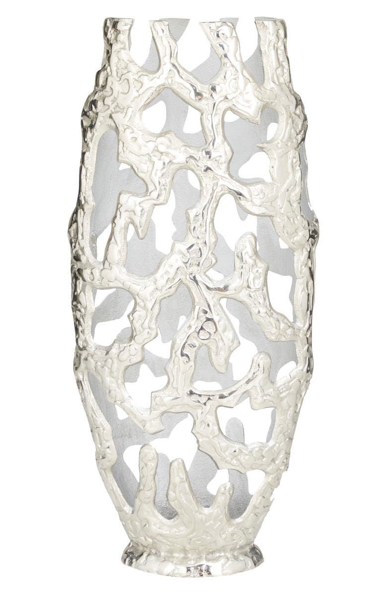 WILLOW ROW Silver Aluminum Vase with Cut Out Designs, Main, color,