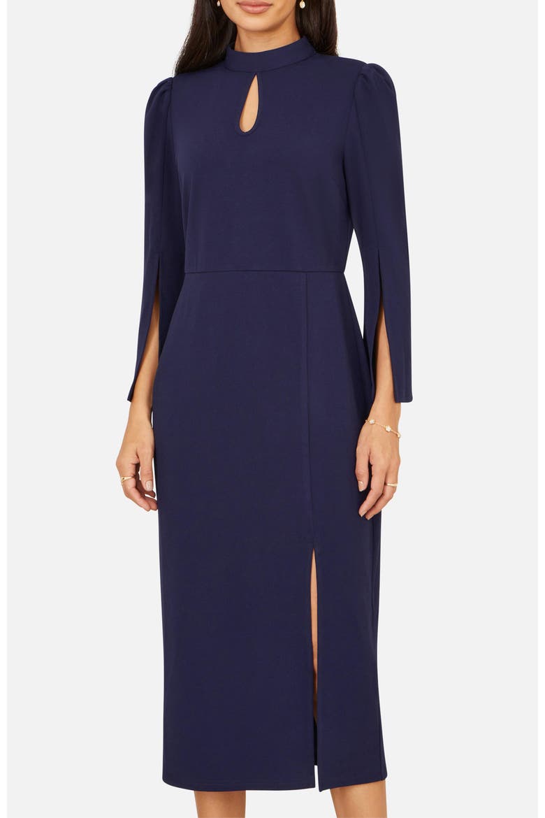 Mock Neck Keyhole Tailored Midi Dress, Alternate, color, Navy
