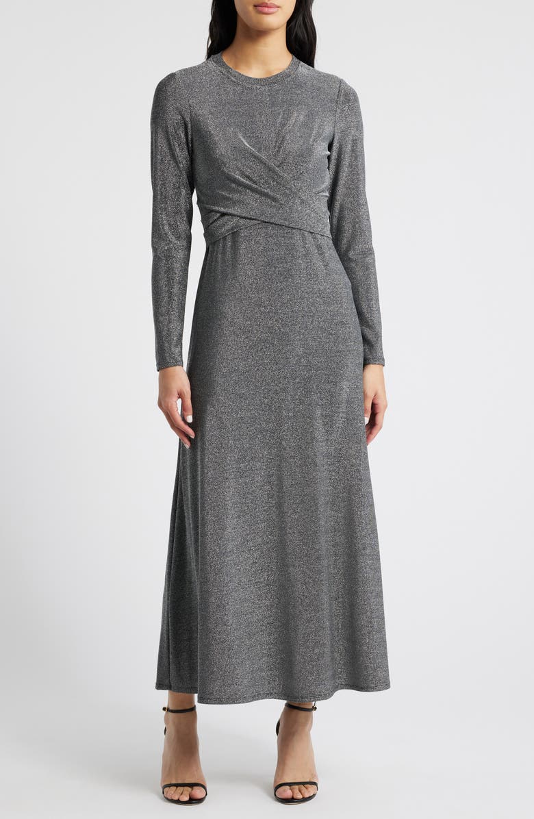 Halogen<sup>®</sup> Draped Metallic Long Sleeve Maxi Dress, Main, color,