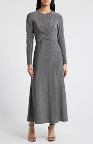 Halogen® Draped Metallic Long Sleeve Maxi Dress