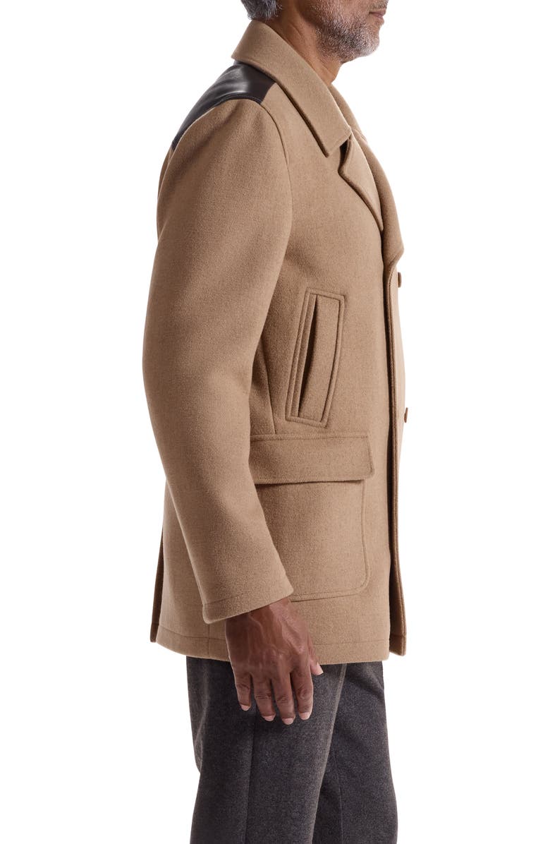 Bugatchi Leather Trim Wool Blend Tweed Peacoat, Alternate, color, Camel