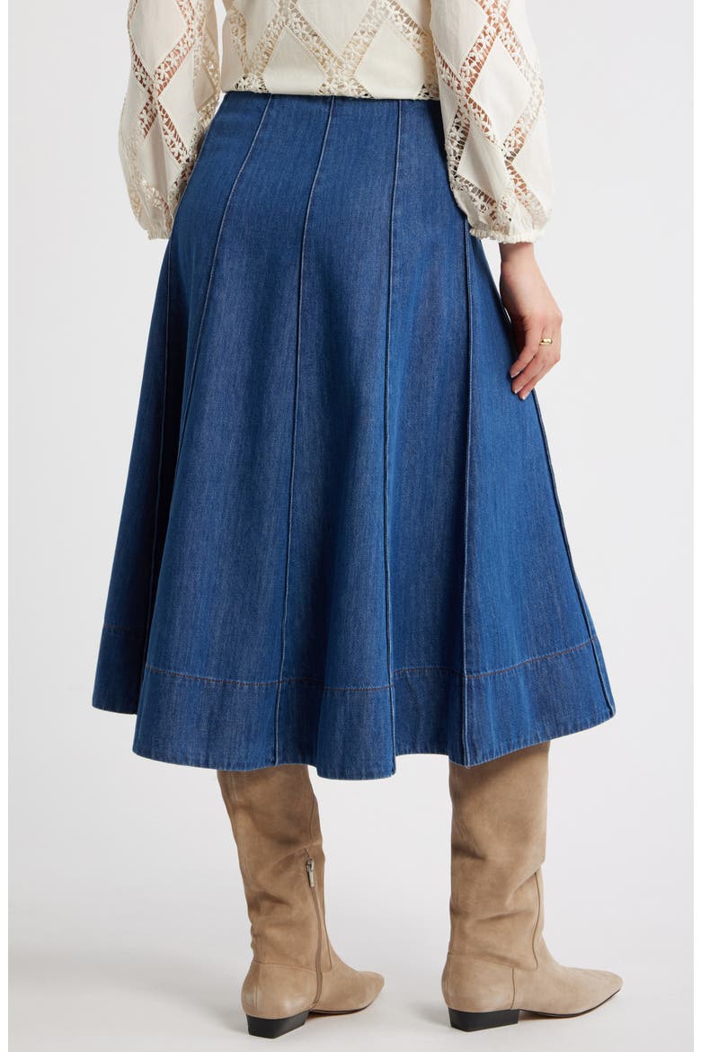 Seamed A-Line Denim Midi Skirt, Alternate, color, DARK WASH