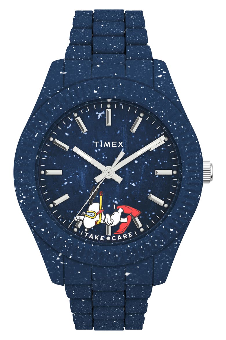 Waterbury Ocean x Peanuts® Recycled Plastic Bracelet Watch, 42mm, Main, color, DARK BLUE/DARK BLUE/DARK BLUE