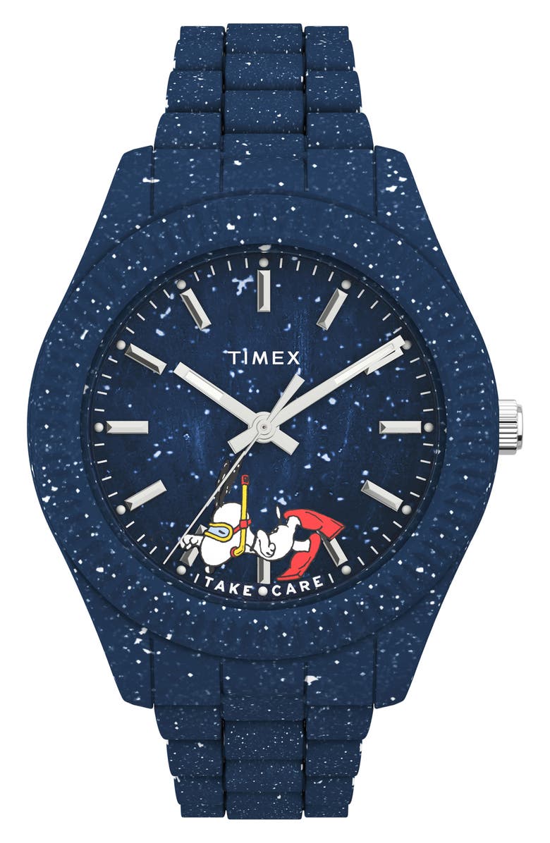 Timex<sup>®</sup> Waterbury Ocean x Peanuts<sup>®</sup> Recycled Plastic Bracelet Watch, 42mm, Main, color, Dark Blue/ Dark Blue