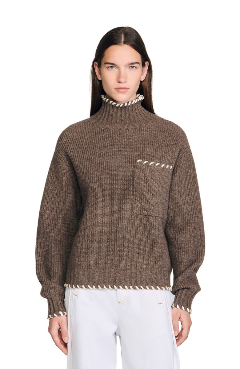SANDRO Oversized turtleneck sweater, Main, color, Brown