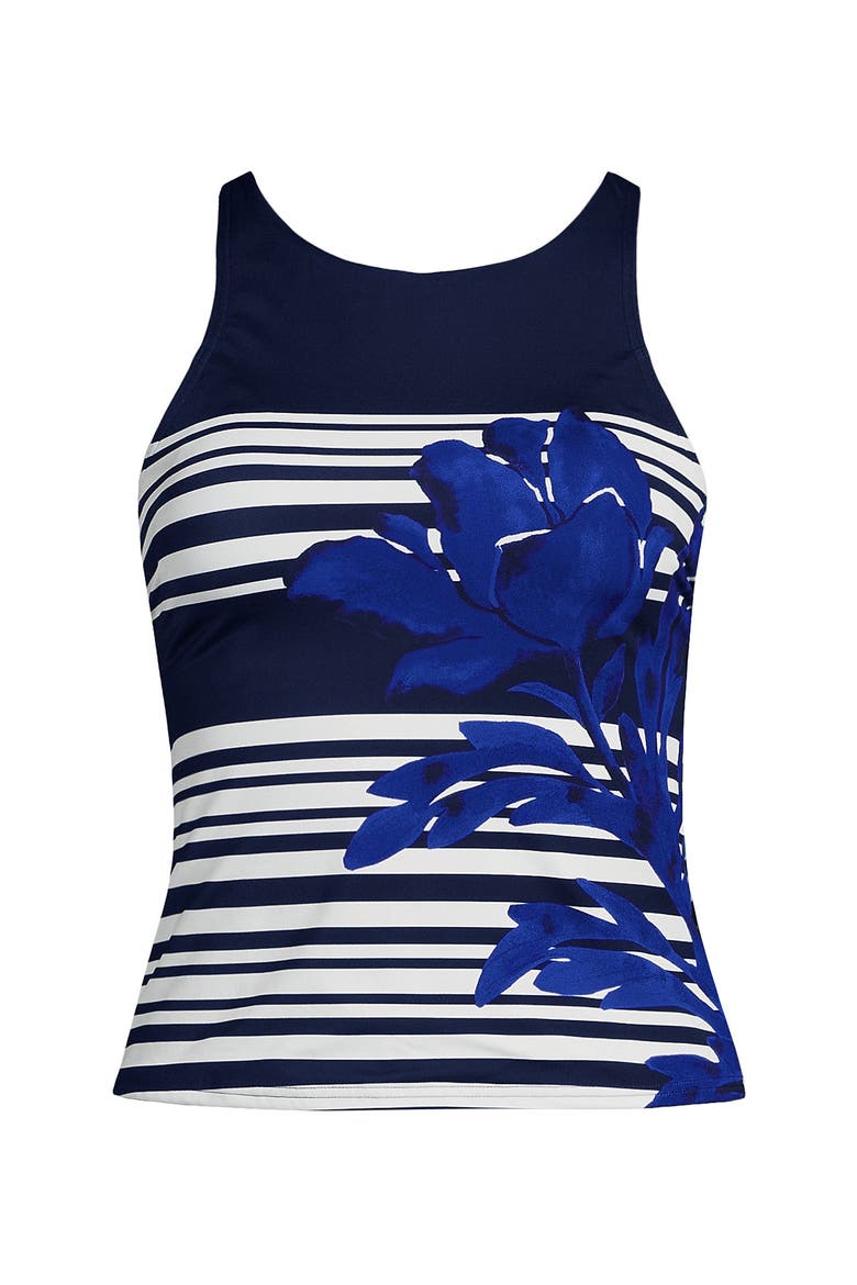 D-Cup Tugless High Neck Strappy Back Tankini Swimsuit Top, Alternate, color, Blue Stripe Floral Placement