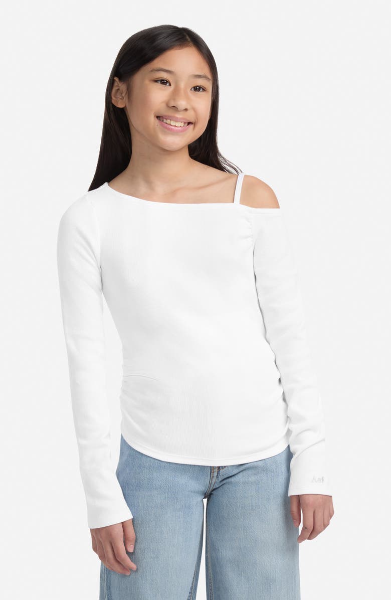 abercrombie kids Kids' Ruched Asymmetric Cotton Blend Top, Alternate, color, Bright White