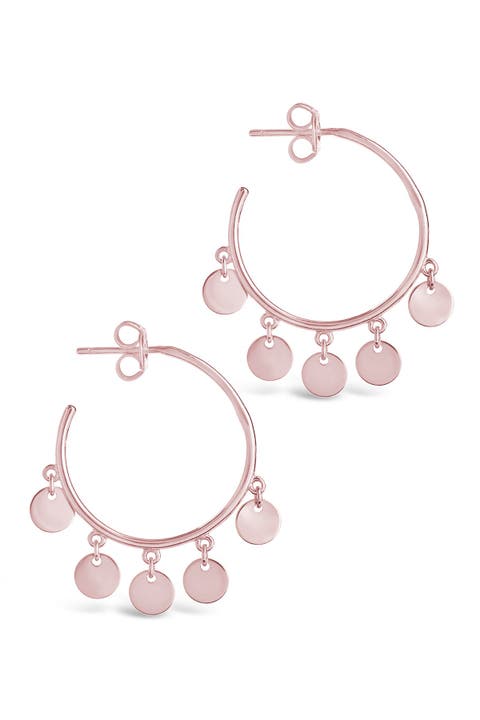 14K Rose Gold Sterling Silver Polished Disc Charm Hoops