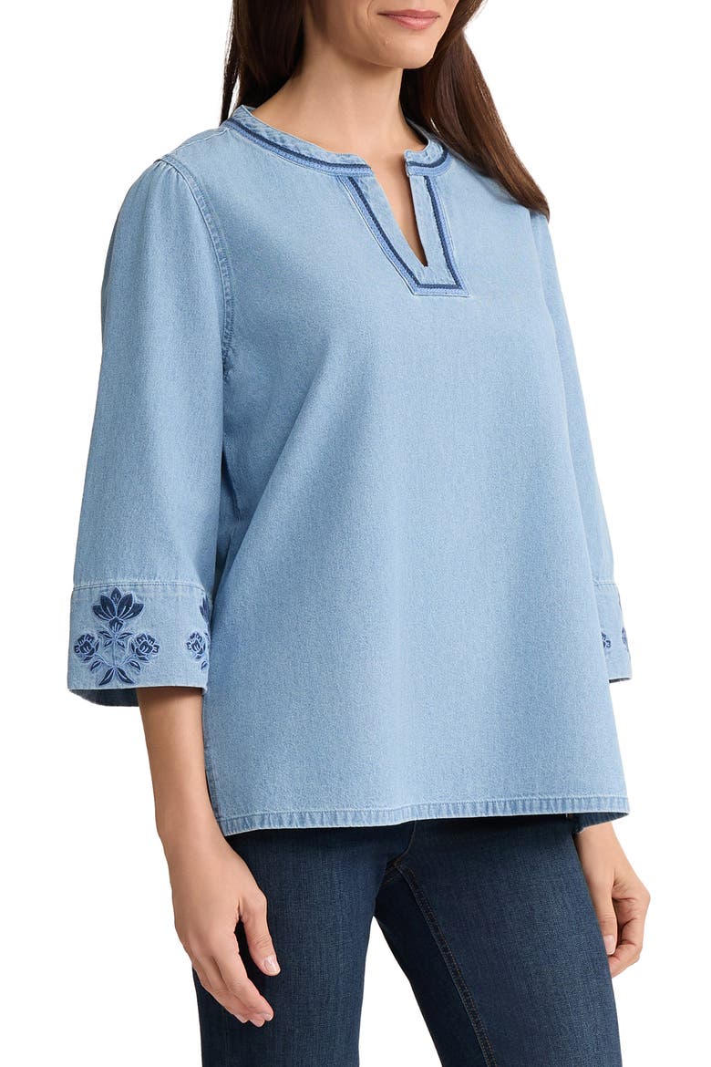 Embroidered Cotton Chambray Top, Alternate, color, PISCES WASH