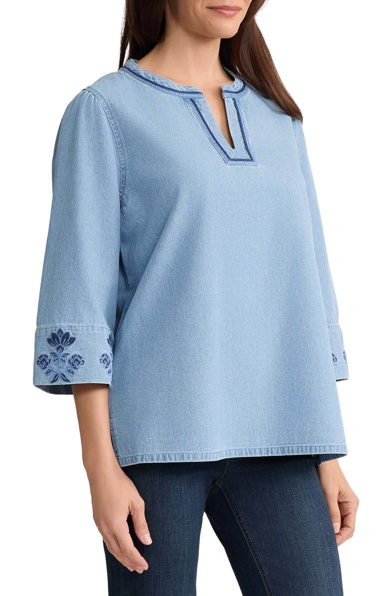 Jones New York Embroidered Cotton Chambray Top, Alternate, color, Pisces Wash