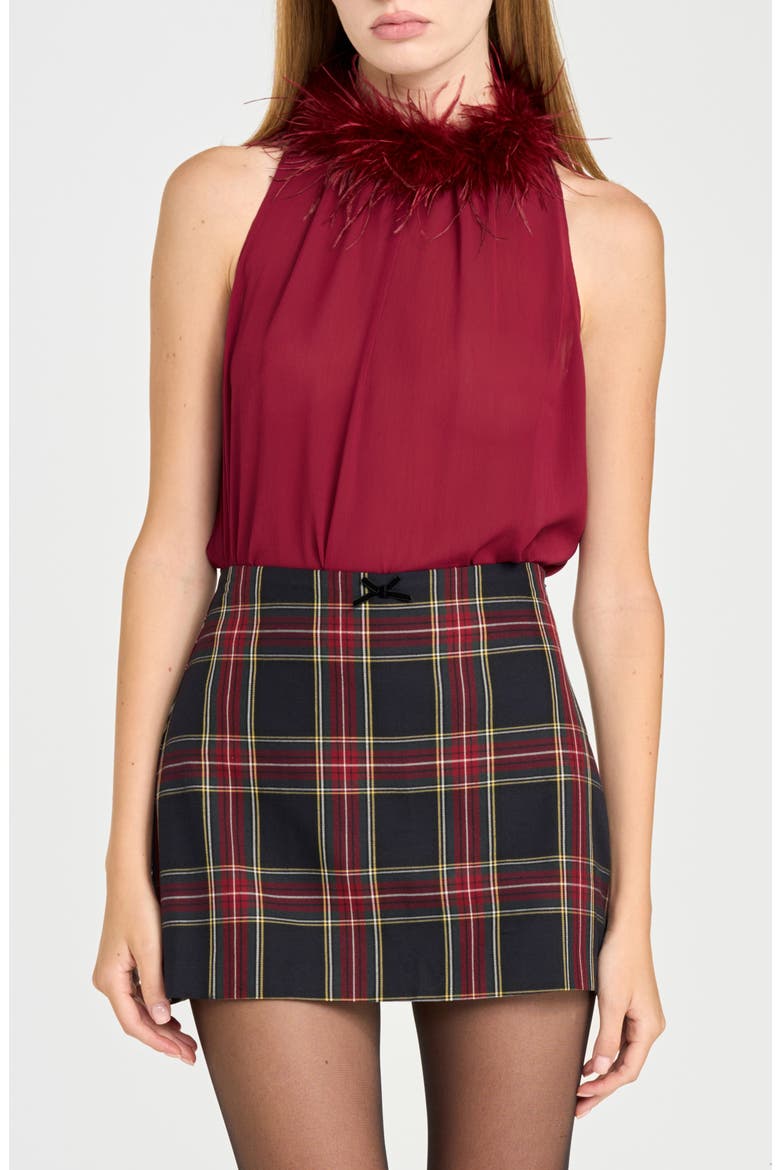 x Rose Lola Studio Faux Feather Trim Top, Main, color, BURGUNDY